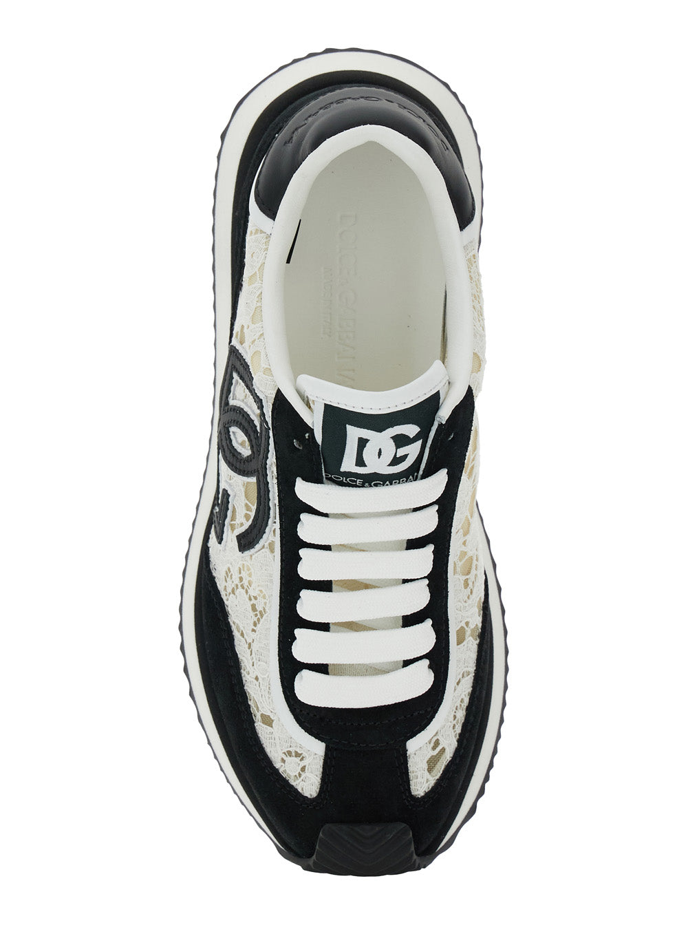 Dolce & Gabbana Women Black And White Low Top With Lace Details And Dg Patch On The Side In Fabric And Suede Blend Woman