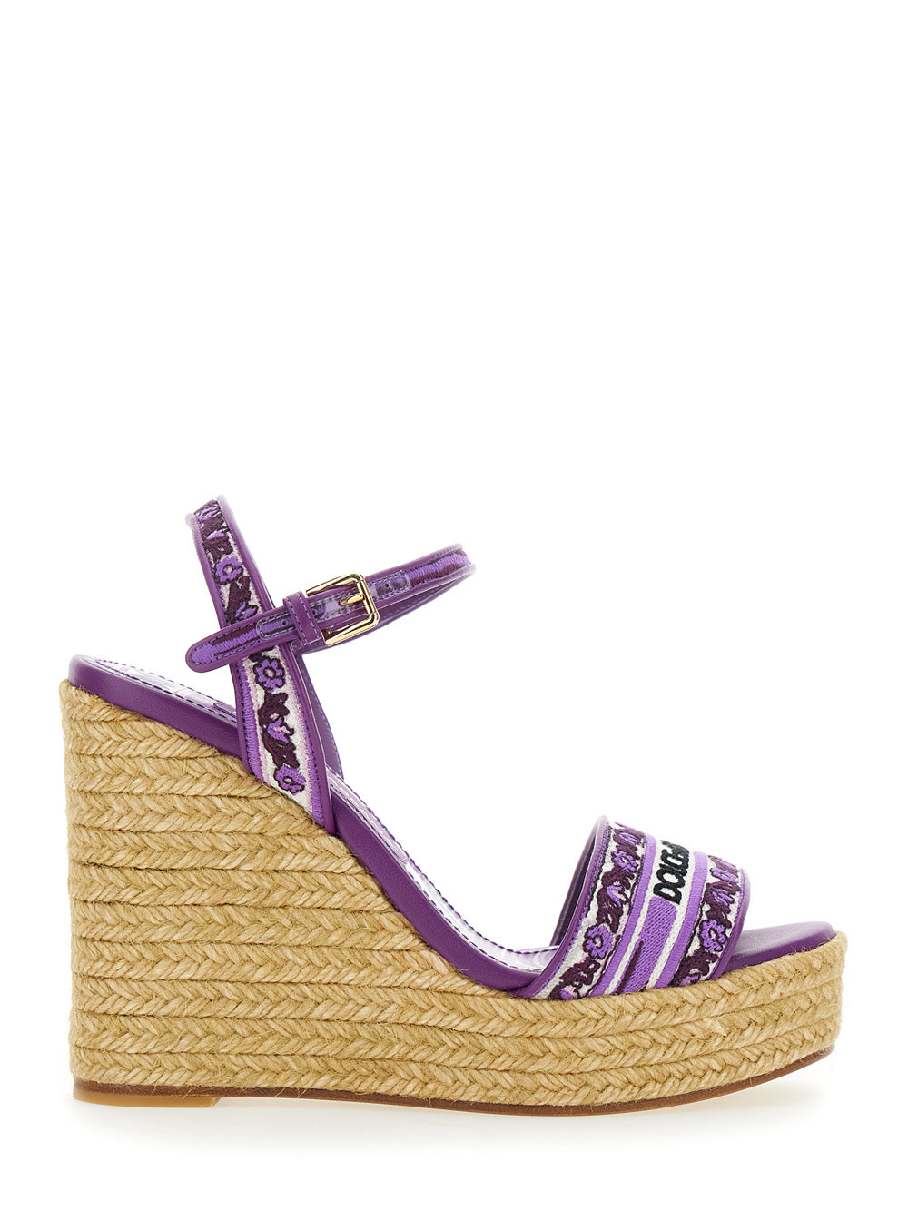 Dolce & Gabbana Women Violet Wedges With Logo Embroidery On The Front And All-Over Majolica Motif In Cotton Blend Woman