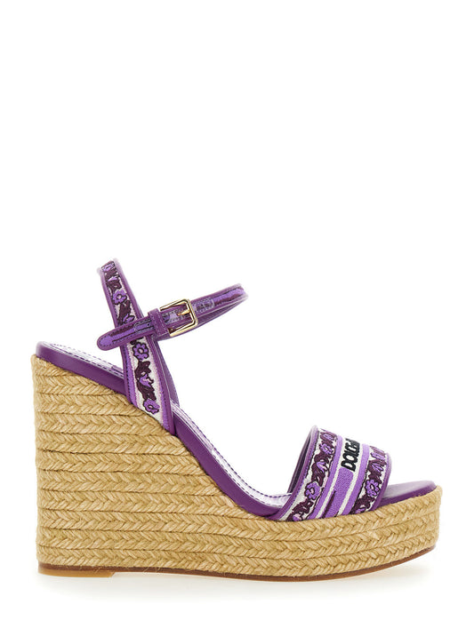 Dolce & Gabbana Women Violet Wedges With Logo Embroidery On The Front And All-Over Majolica Motif In Cotton Blend Woman