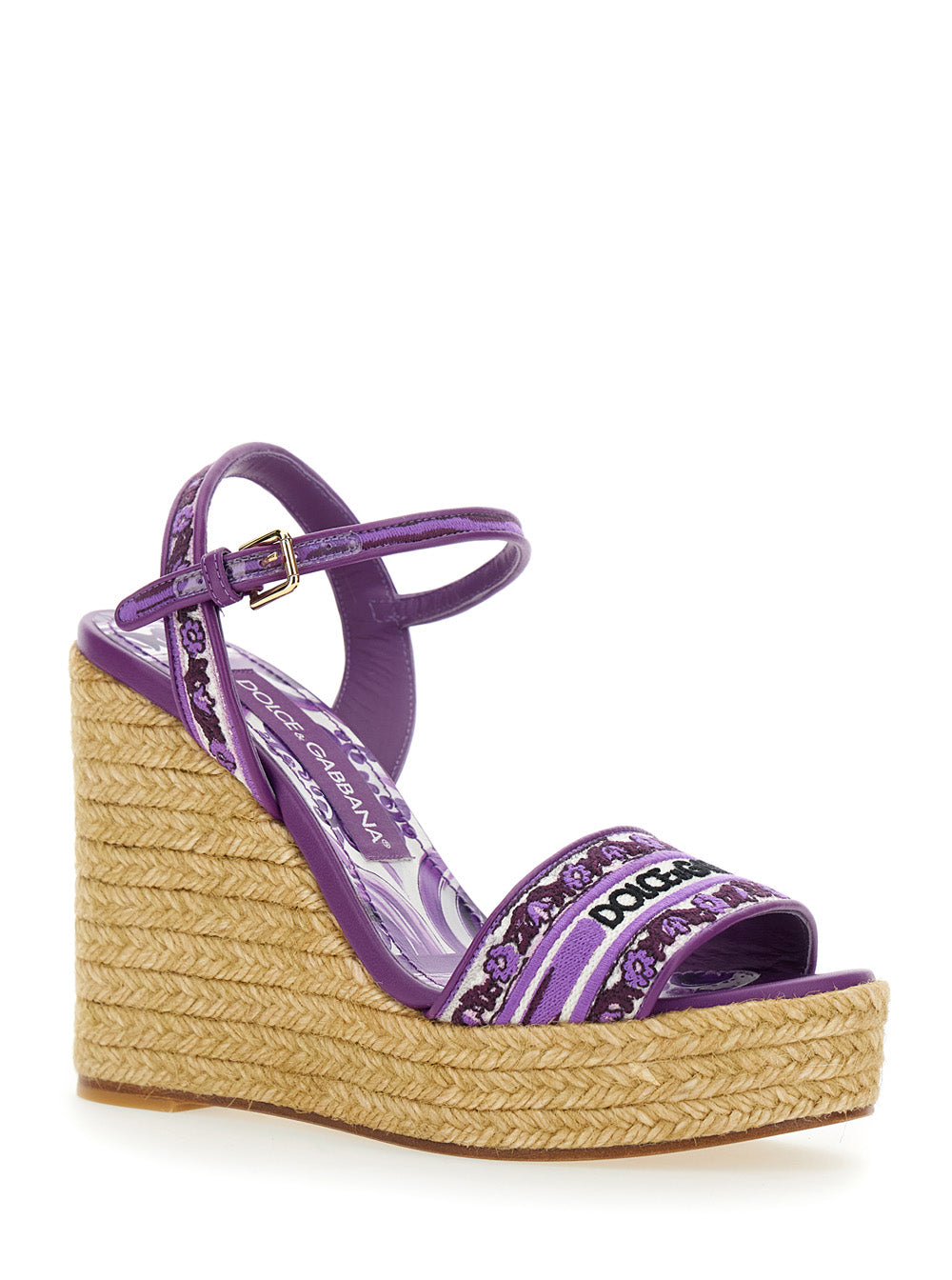 Dolce & Gabbana Women Violet Wedges With Logo Embroidery On The Front And All-Over Majolica Motif In Cotton Blend Woman