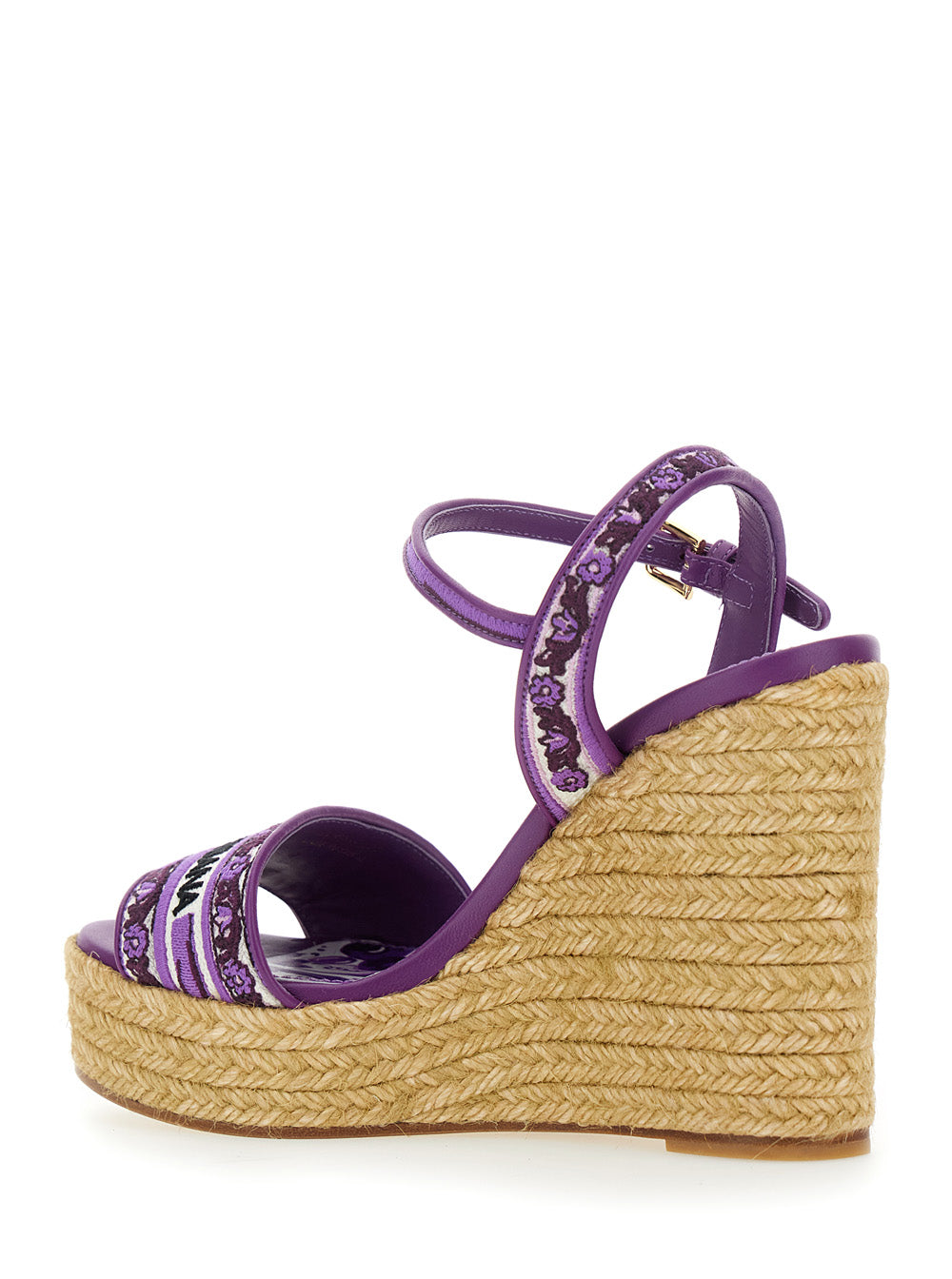 Dolce & Gabbana Women Violet Wedges With Logo Embroidery On The Front And All-Over Majolica Motif In Cotton Blend Woman