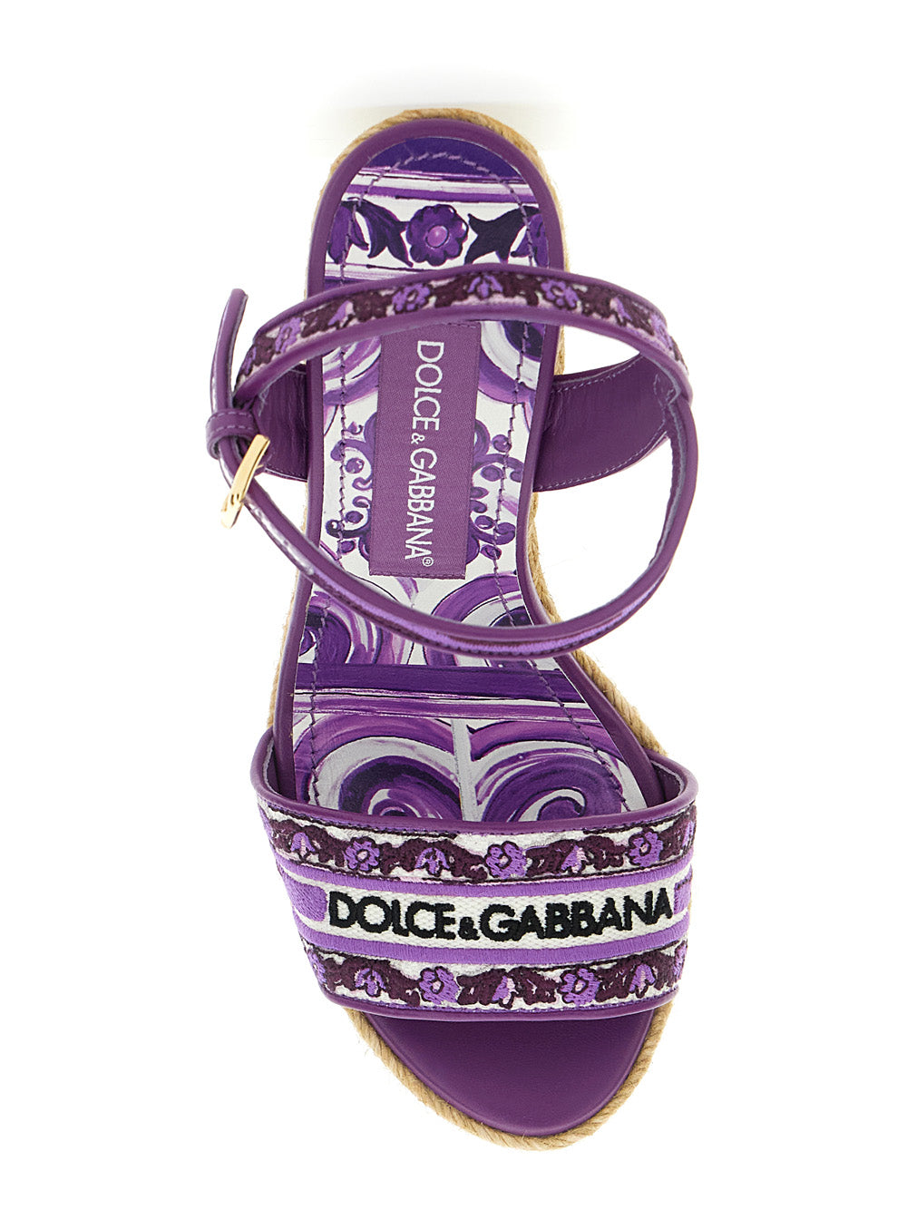 Dolce & Gabbana Women Violet Wedges With Logo Embroidery On The Front And All-Over Majolica Motif In Cotton Blend Woman