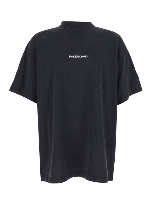 Balenciaga Men Black Crewneck T-Shirt With Logo Lettering On The Front And Logo Patch On The Sleeve In Cotton Man