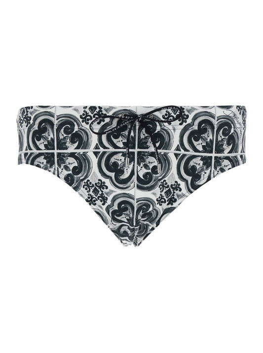 Dolce & Gabbana Men Black And White Swimsuit With All-Over Majolica Print In Techl Fabric Man
