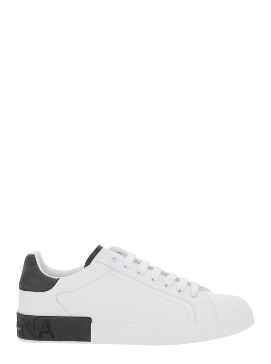 Dolce & Gabbana Men 'Portofino' White Low Top Sneakers With Logo Lettering On The Rear In Leather Man