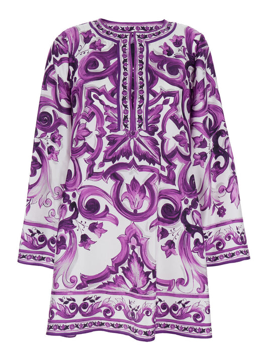 Dolce & Gabbana Women Violet Dress With Round Neck And All-Over Floral Motif In Silk Woman