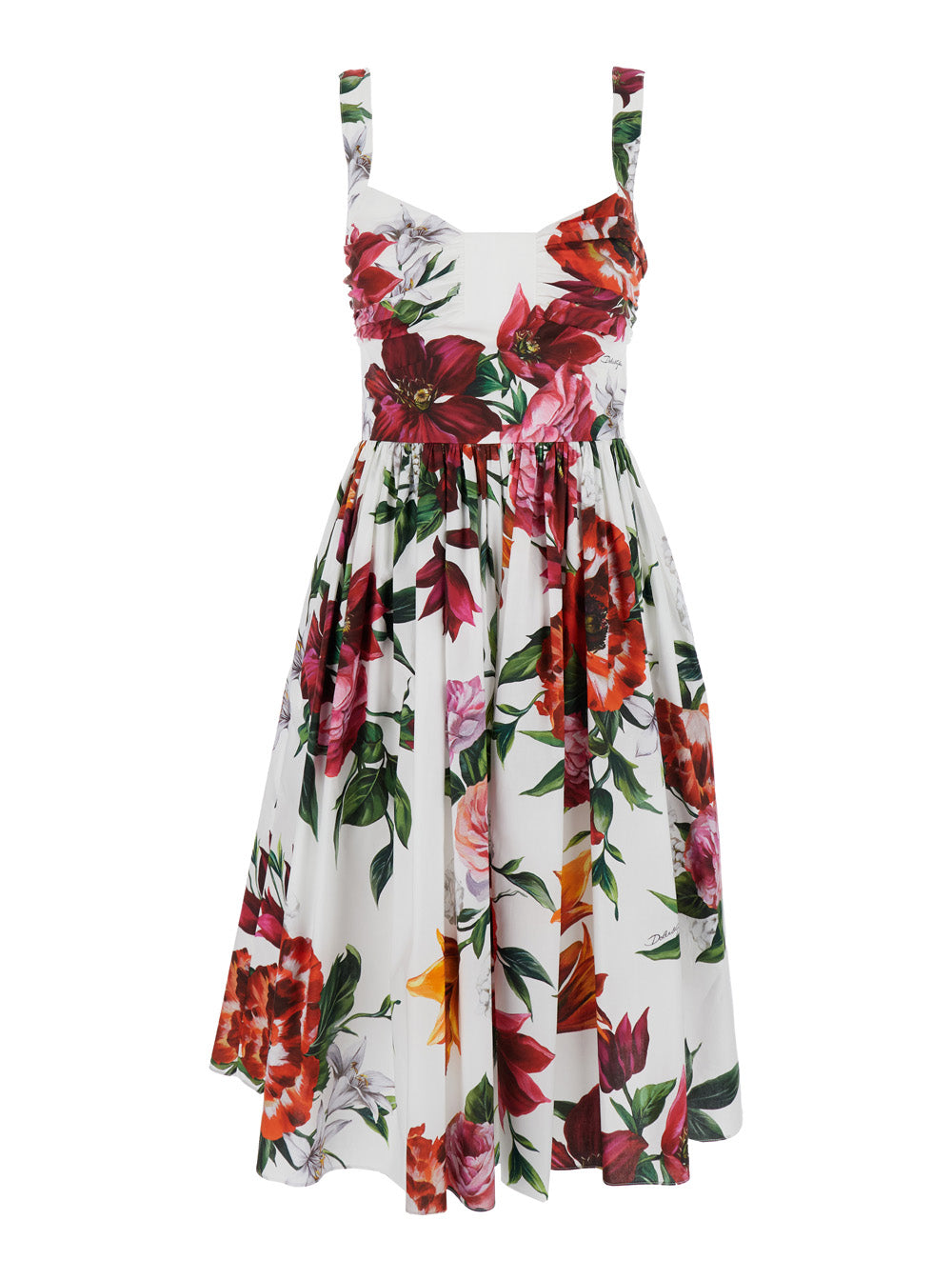Dolce & Gabbana Women Multicolor Midi Dress With Wide Neckline And All-Over Floral Print In Cotton Woman