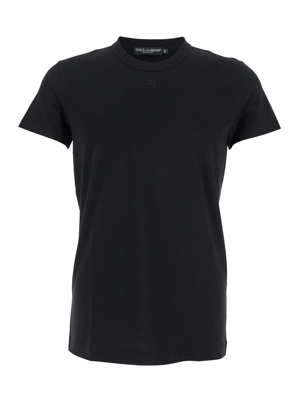 Dolce & Gabbana Men Black Crewneck T-Shirt With Tonal Logo Lettering Embroidery On The Front In Cotton Stretch Man