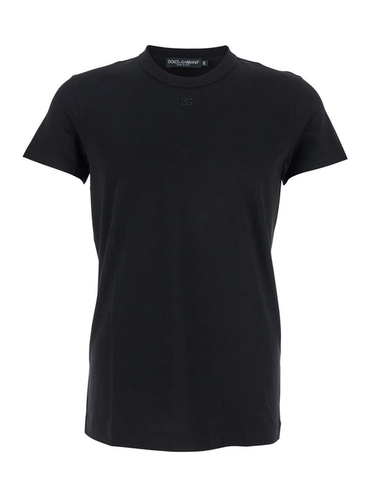Dolce & Gabbana Men Black Crewneck T-Shirt With Tonal Logo Lettering Embroidery On The Front In Cotton Stretch Man