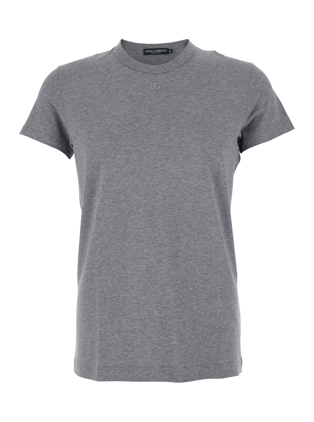 Dolce & Gabbana Men Grey Crewneck T-Shirt With Tonal Logo Lettering Embroidery On The Front In Cotton Stretch Man