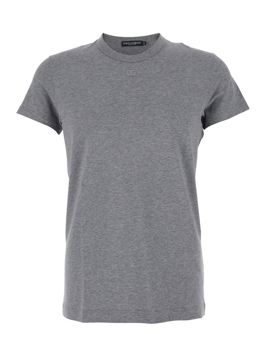 Dolce & Gabbana Men Grey Crewneck T-Shirt With Tonal Logo Lettering Embroidery On The Front In Cotton Stretch Man