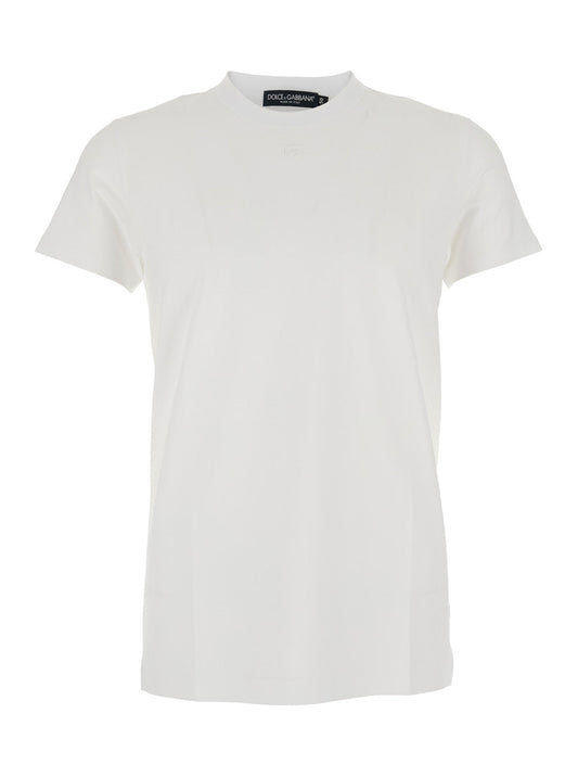 Dolce & Gabbana Men White Crewneck T-Shirt With Tonal Logo Lettering Embroidery On The Front In Cotton Stretch Man