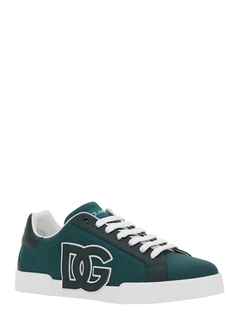Dolce & Gabbana Men 'Portofino' Green Low Top Sneakers With Logo Patch On Tongue And Side In Cotton Blend Man