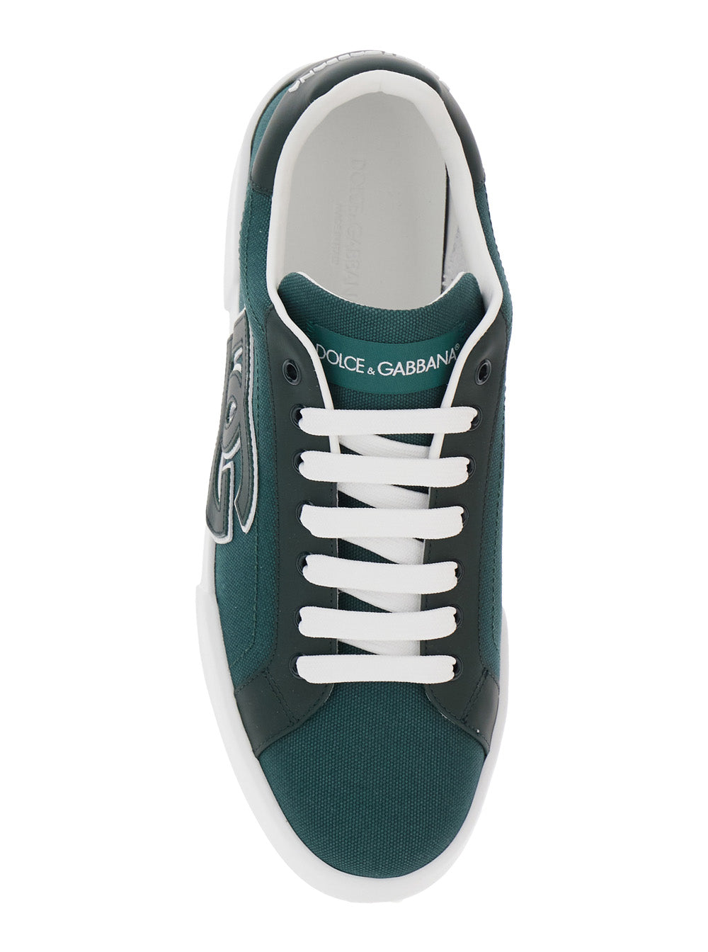 Dolce & Gabbana Men 'Portofino' Green Low Top Sneakers With Logo Patch On Tongue And Side In Cotton Blend Man