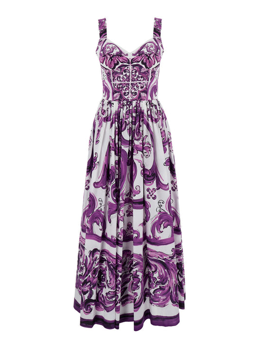 Dolce & Gabbana Women Violet Long Dress With Sweetheart Neckline And All-Over Geometric Print In Cotton Woman