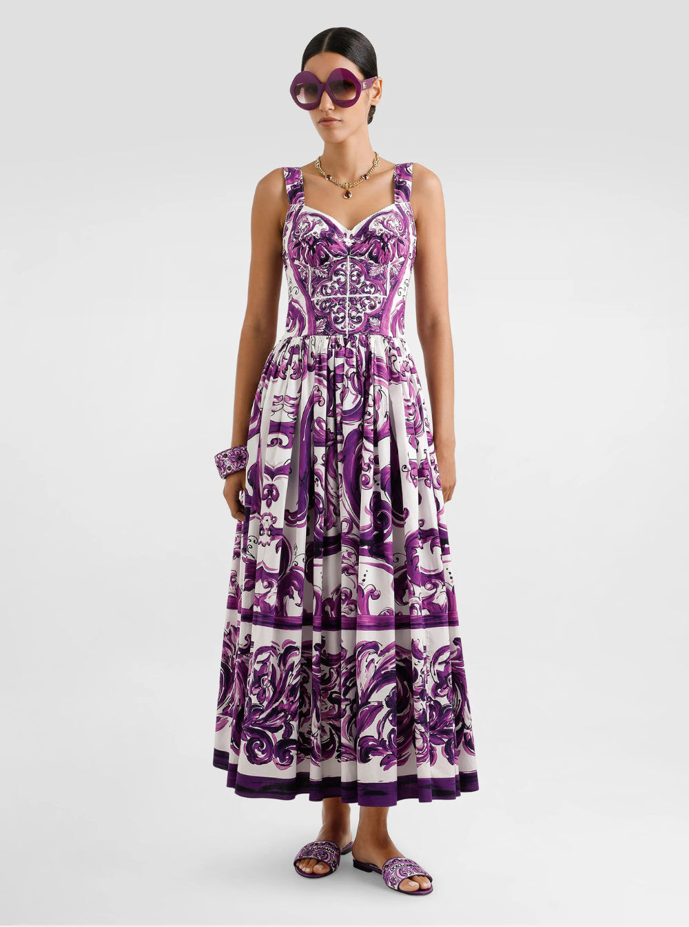 Dolce & Gabbana Women Violet Long Dress With Sweetheart Neckline And All-Over Geometric Print In Cotton Woman
