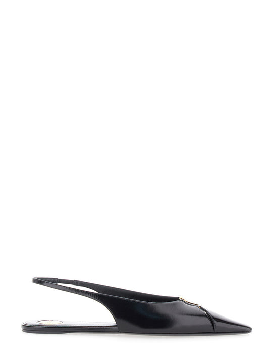 Saint Laurent Women 'Babylone' Black Slingback Ballet Shoes With Cassandre Plaque And Elastic Slingback Strap In Leather Woman