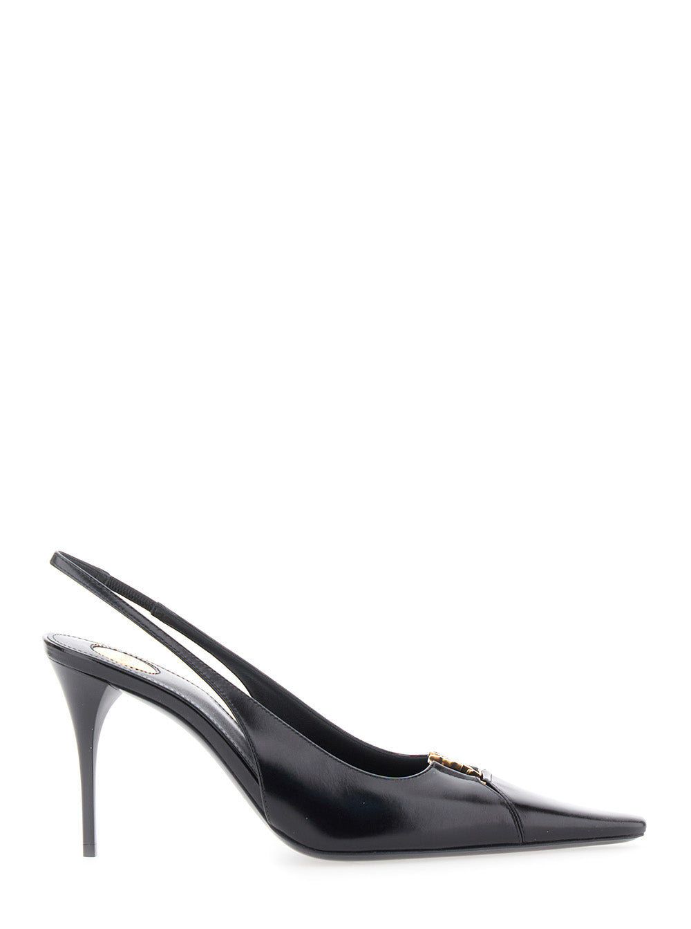 Saint Laurent Women 'Babylone' Black Slingback Pumps With Cut-Out Toe With Cassandre Plaque And High Stiletto Heel In Leather Woman
