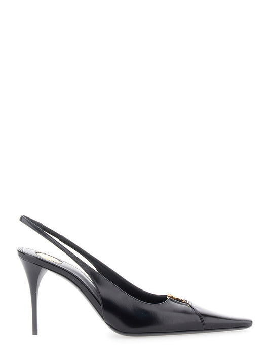 Saint Laurent Women 'Babylone' Black Slingback Pumps With Cut-Out Toe With Cassandre Plaque And High Stiletto Heel In Leather Woman