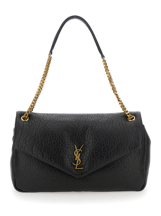 Saint Laurent Women Black Shoulder Bag With Metallic Cassandre On The Front In Hammered Leather Woman