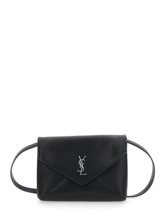 Saint Laurent Men Black Crossbody Bag With Envelope Design And Cassandre Plaque On The Front In Grained Leather Woman