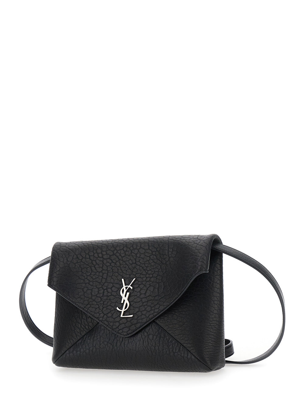Saint Laurent Men Black Crossbody Bag With Envelope Design And Cassandre Plaque On The Front In Grained Leather Woman