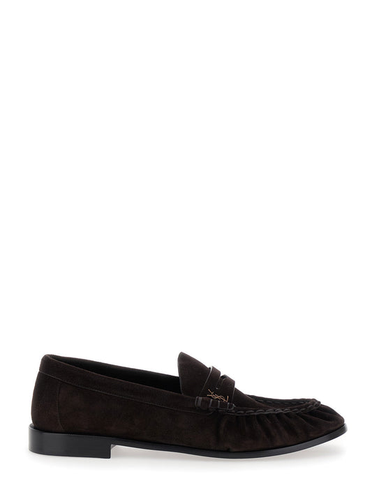 Saint Laurent Men Brown Loafers With Cassandre Detail In Suede Man