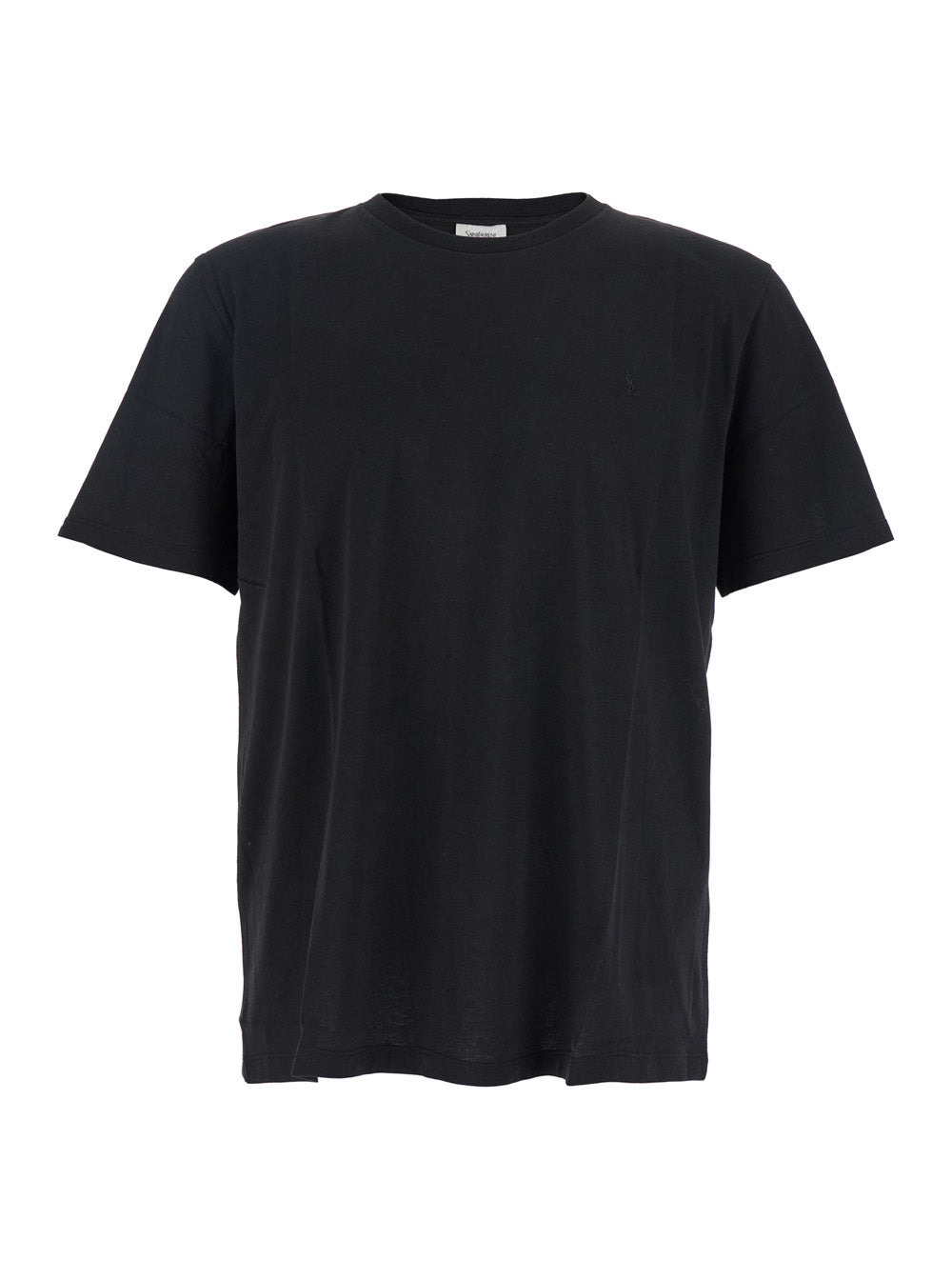 Saint Laurent Men Black Crewneck T-Shirt With Cassandre Embroidery In Cotton Man
