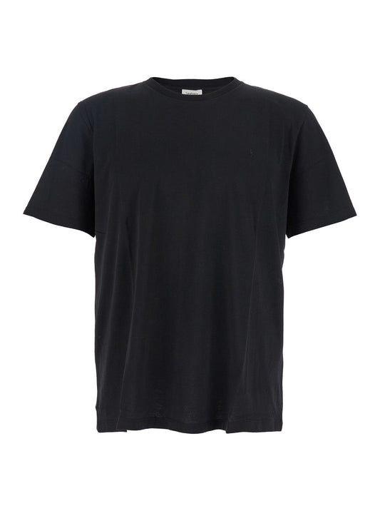 Saint Laurent Men Black Crewneck T-Shirt With Cassandre Embroidery In Cotton Man