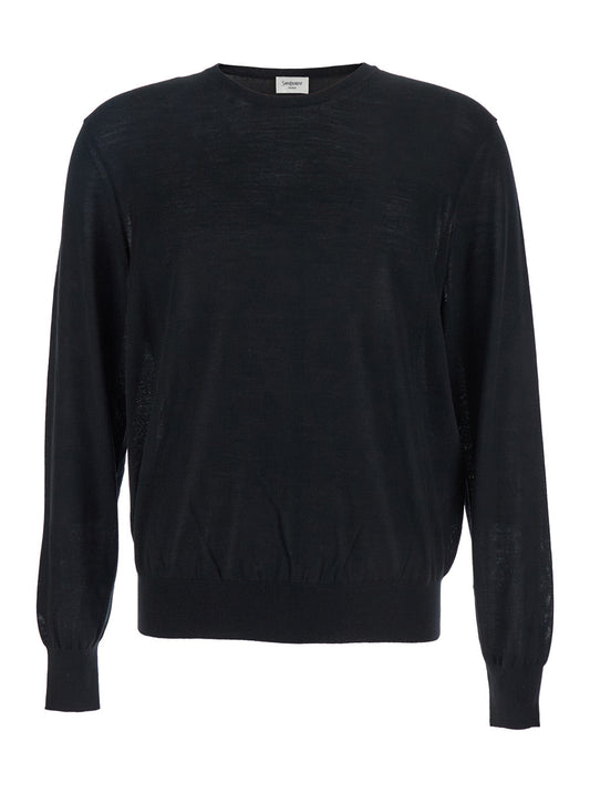 Saint Laurent Men Black Crewneck Sweater With Cassandre In Cashmere Man