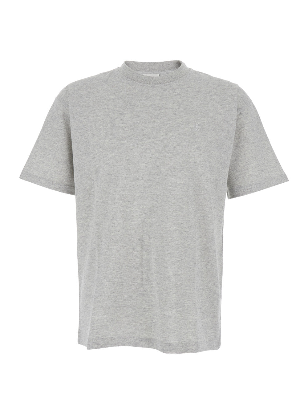 Saint Laurent Men Grey Crewneck T-Shirt With Cassandre Embroidery In Cotton Man