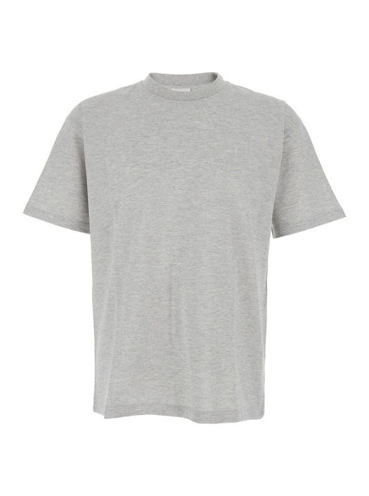 Saint Laurent Men Grey Crewneck T-Shirt With Cassandre Embroidery In Cotton Man