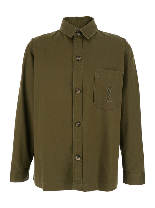 Saint Laurent Men Green Shirt With Classic Collar And Cassandre Embroidery On The Front In Cotton Man
