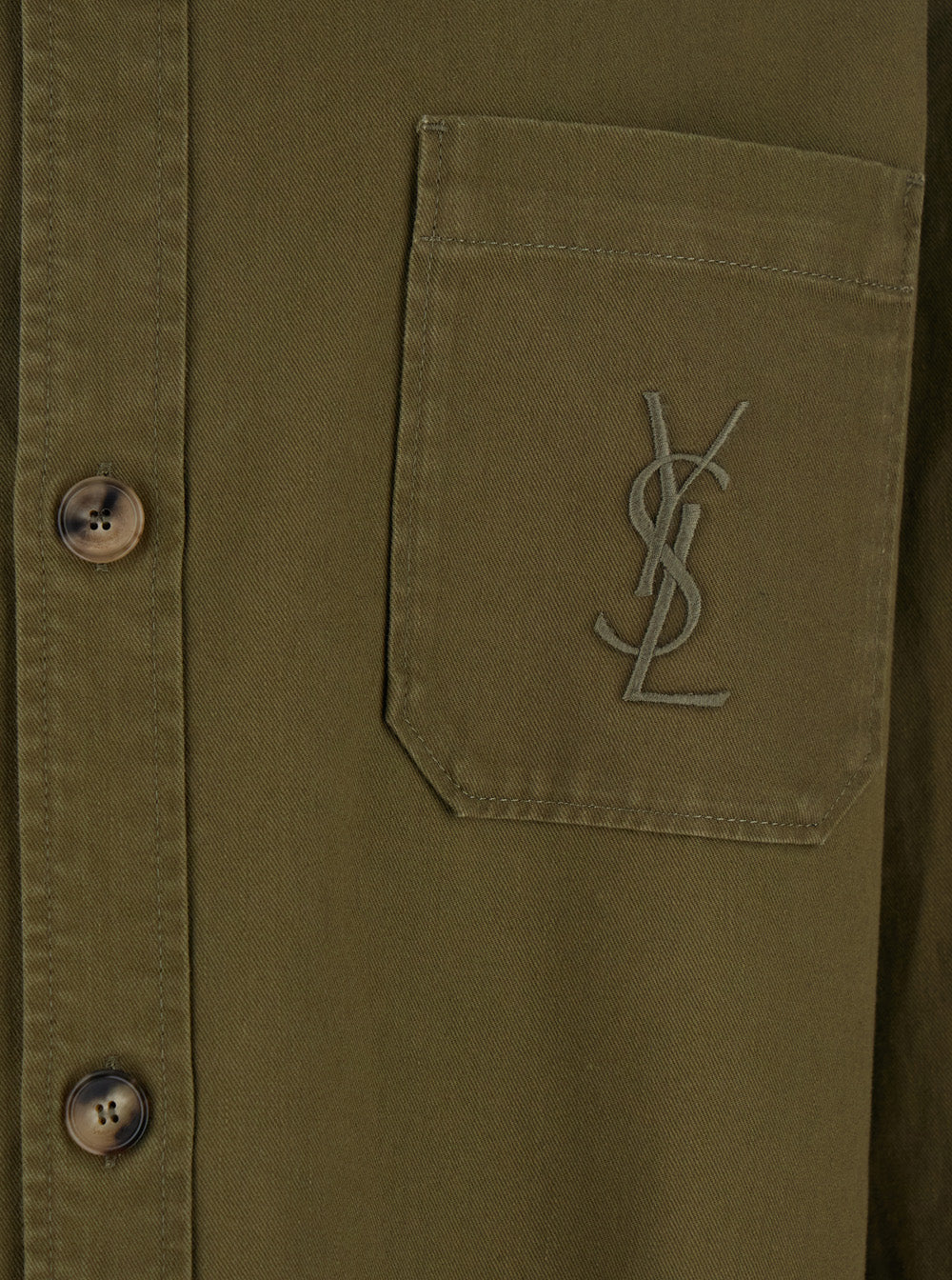 Saint Laurent Men Green Shirt With Classic Collar And Cassandre Embroidery On The Front In Cotton Man