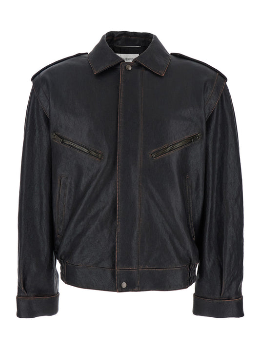 Saint Laurent Men Brown Jacket With Lived Effect And Front Welt Pockets In Leather Man