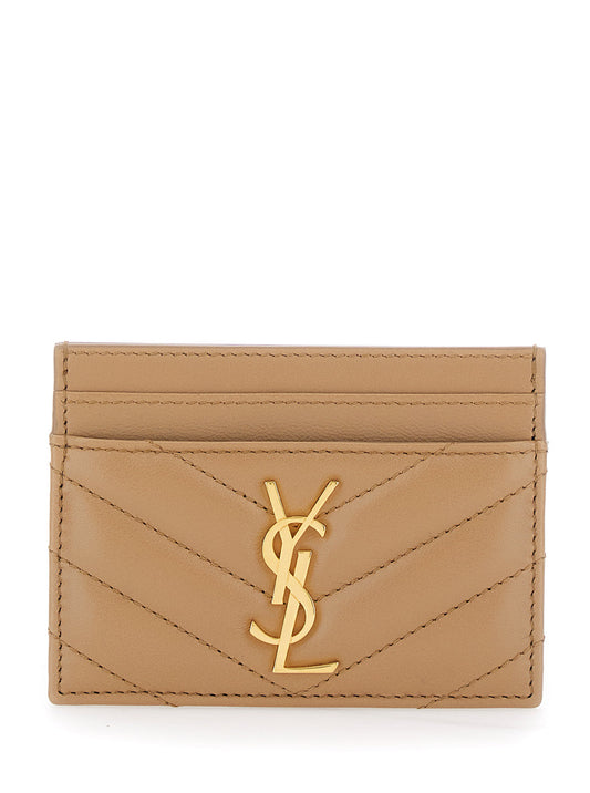Saint Laurent Women Beige Card Holder With Cassandre Plaque On Front In Chevron Leather Woman