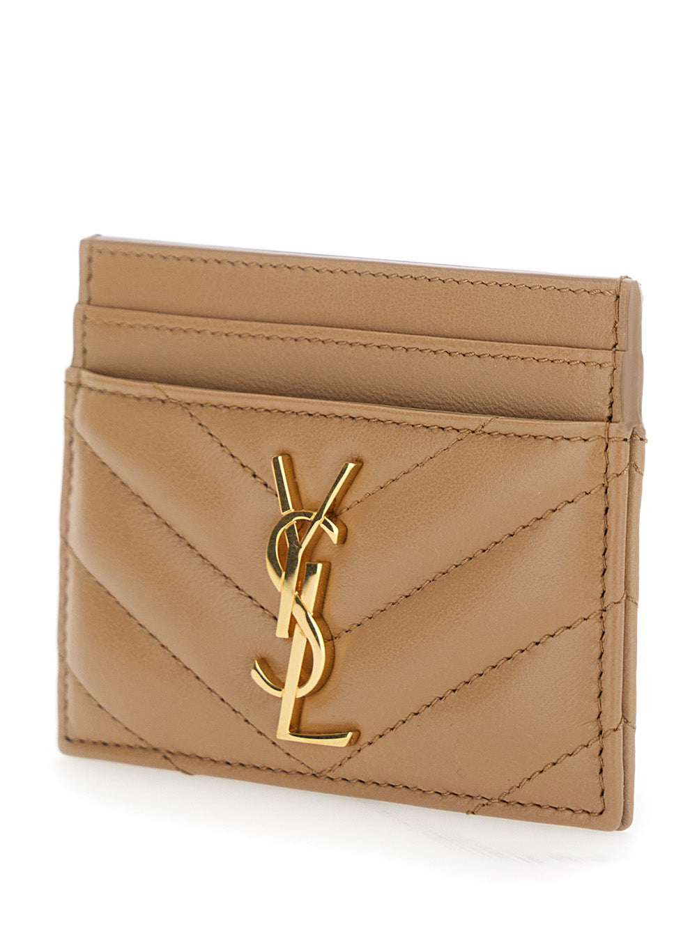 Saint Laurent Women Beige Card Holder With Cassandre Plaque On Front In Chevron Leather Woman