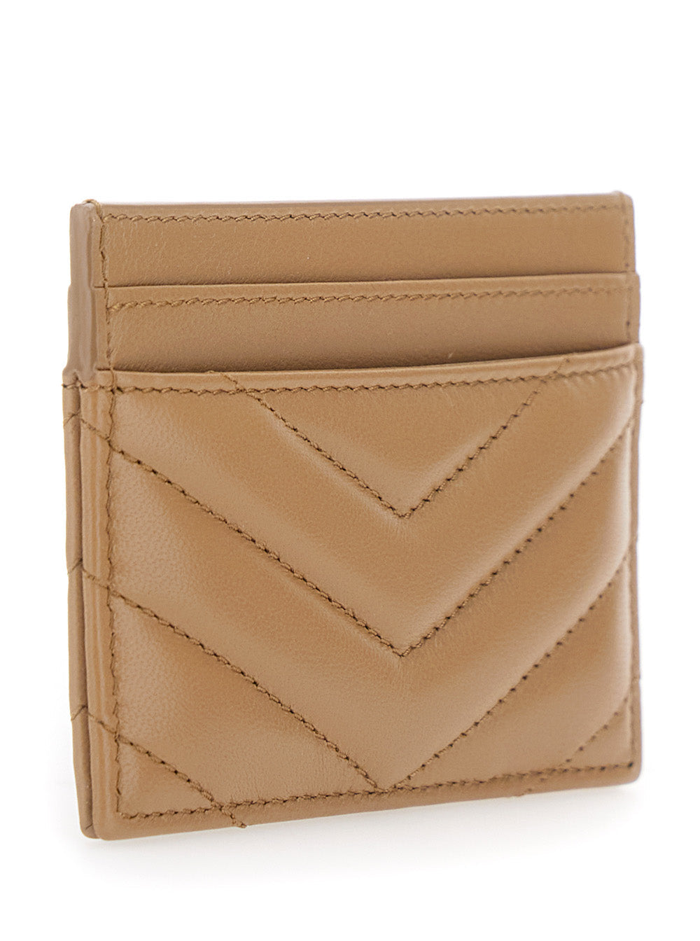 Saint Laurent Women Beige Card Holder With Cassandre Plaque On Front In Chevron Leather Woman