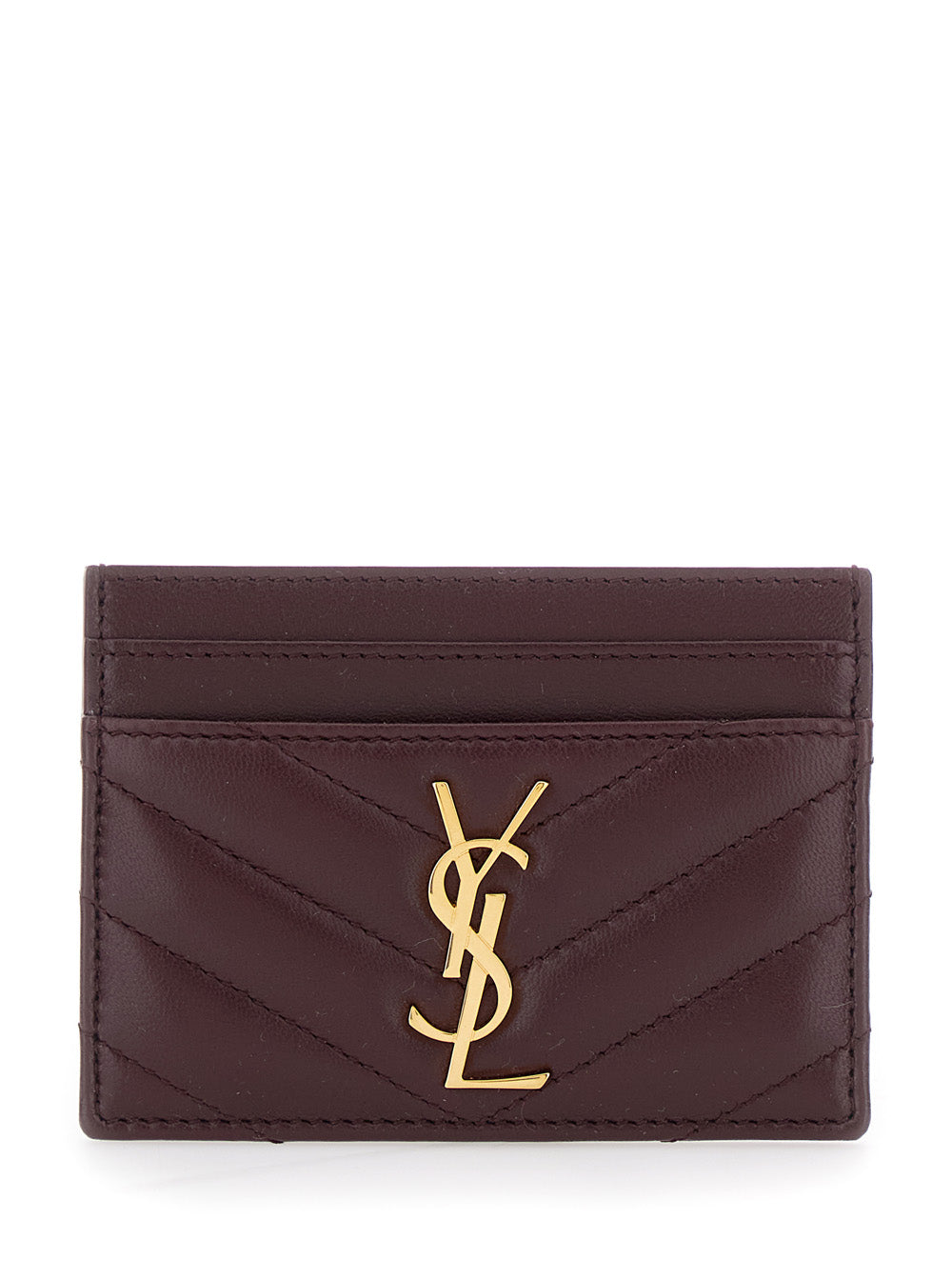 Saint Laurent Women Bordeaux Card Holder With Cassandre Plaque On Front In Chevron Leather Woman