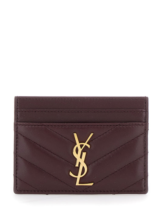 Saint Laurent Women Bordeaux Card Holder With Cassandre Plaque On Front In Chevron Leather Woman