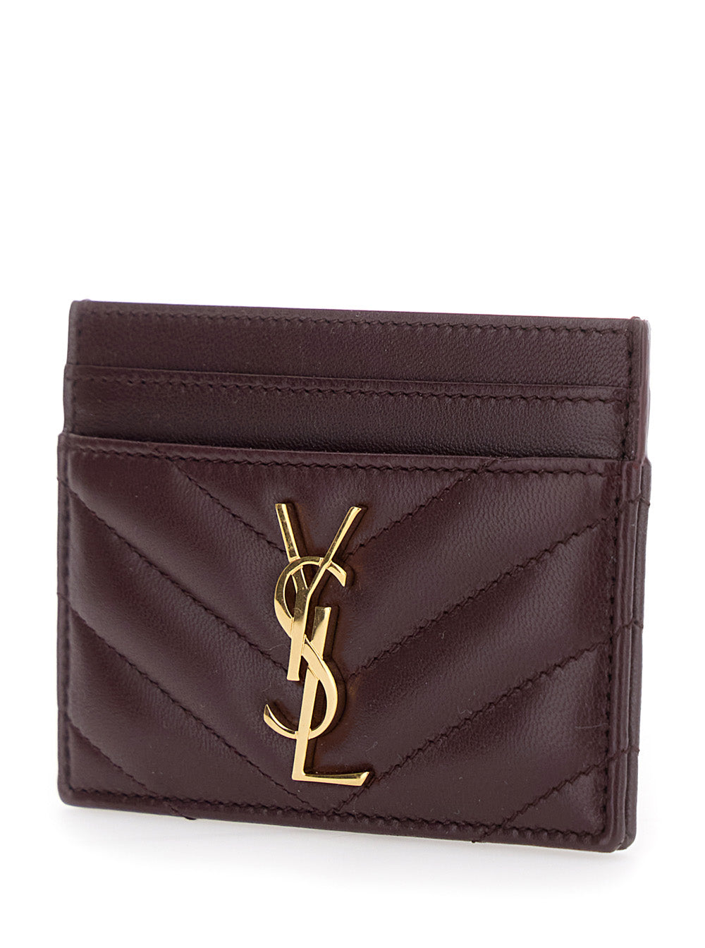 Saint Laurent Women Bordeaux Card Holder With Cassandre Plaque On Front In Chevron Leather Woman