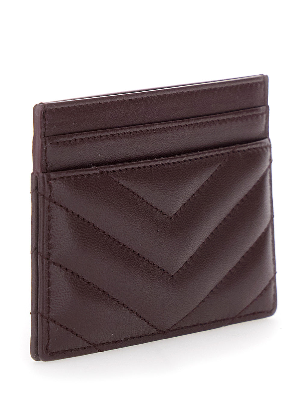 Saint Laurent Women Bordeaux Card Holder With Cassandre Plaque On Front In Chevron Leather Woman