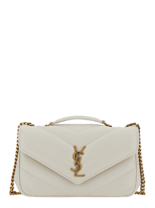 Saint Laurent Women 'Loulou Small' White Shoulder Bag With Front Logo Plaque In Chevron Leather Woman