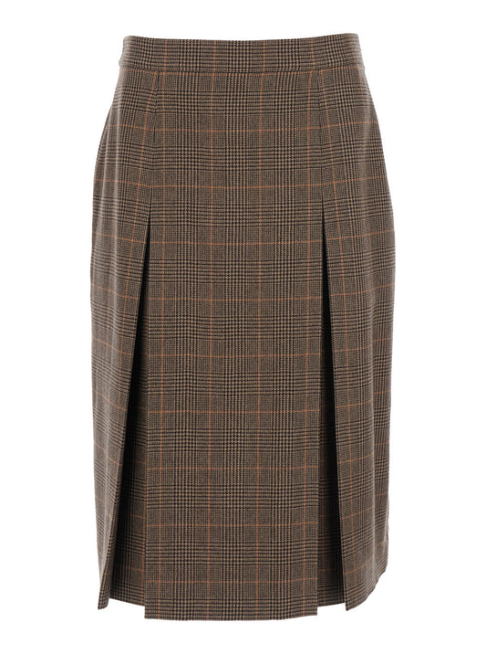 Saint Laurent Women Grey Midi Skirt With Side Concealed Zip Closure And All-Over Check Motif In Wool And Cashmere Woman