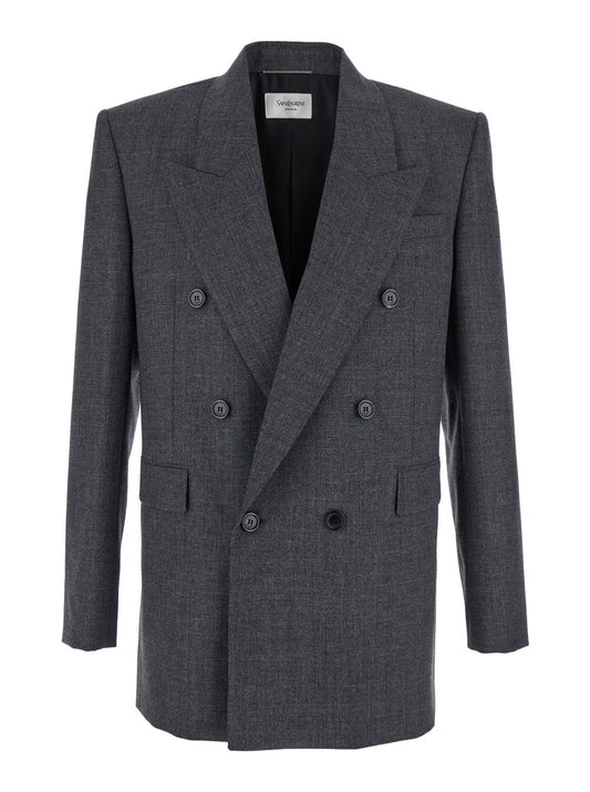 Saint Laurent Men Grey Double-Breasted Jacket With Peak Revers In Wool Man