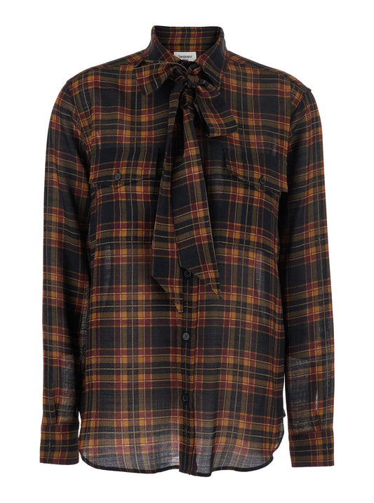 Saint Laurent Women Brown Shirt With Pussybow Collar And All-Over Check Motif In Wool Woman