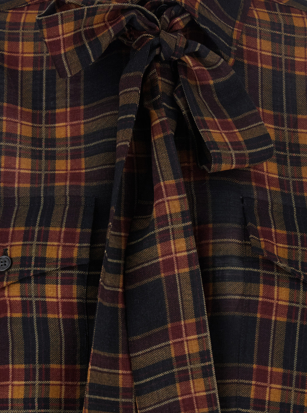 Saint Laurent Women Brown Shirt With Pussybow Collar And All-Over Check Motif In Wool Woman