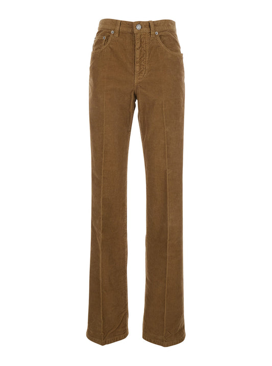 Saint Laurent Women 'Clyde' Brown Trousers With Back Logo Patch In Velvet Woman