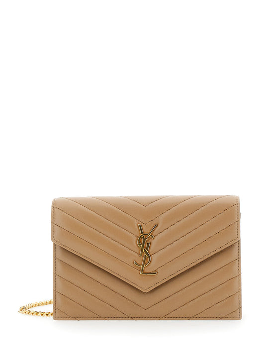 Saint Laurent Women Beige Mini Bag With Cassandre Plaque On The Front And Chain-Link Shoulder Strap In Quilted Leather Woman