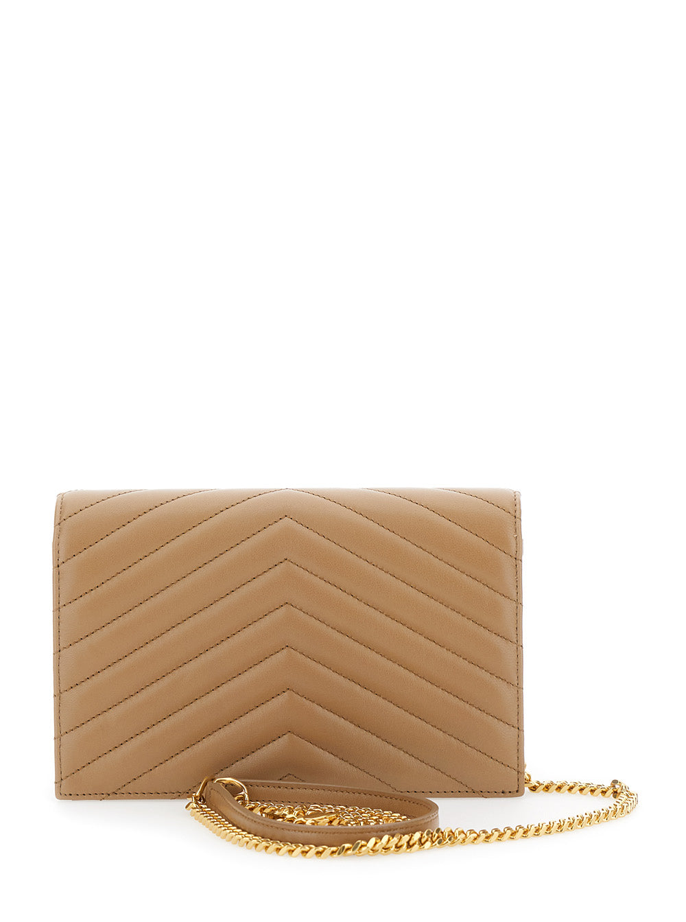 Saint Laurent Women Beige Mini Bag With Cassandre Plaque On The Front And Chain-Link Shoulder Strap In Quilted Leather Woman